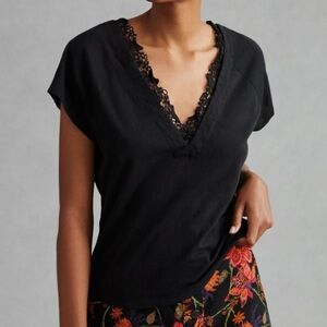 ANTHROPOLOGIE BLACK CAP SLEEVE V-NECK CROCHET LACE TRIM SHIRT WOMENS SZ XS NEW